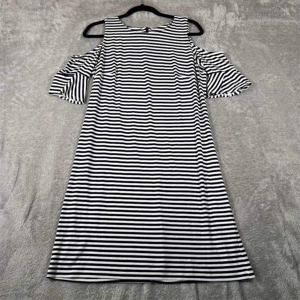 Donna Morgan Women's Dress Size 8 Black Striped Cold Shoulder
